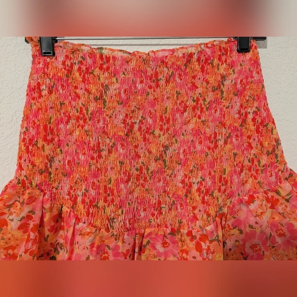 NSR Pink Floral Smocked Tiered Ruffle Pull-On High Rise Mini Skirt Coquette